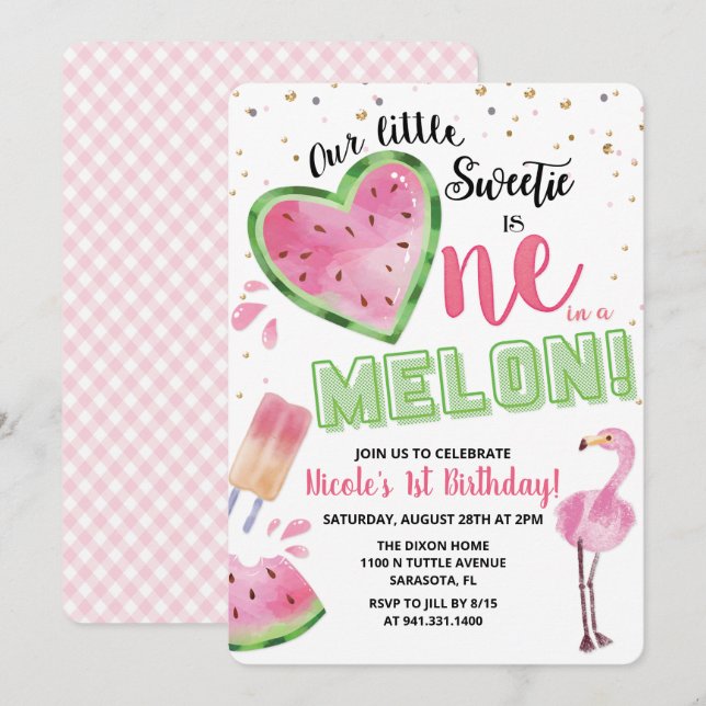 Convite de 1º Aniversário Melancia Um em um Melão (Frente/Verso)