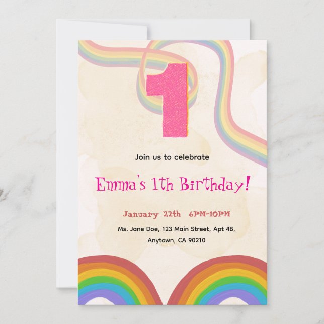 Convite de 1º Aniversário Menina Editável Arco-íri (Frente)