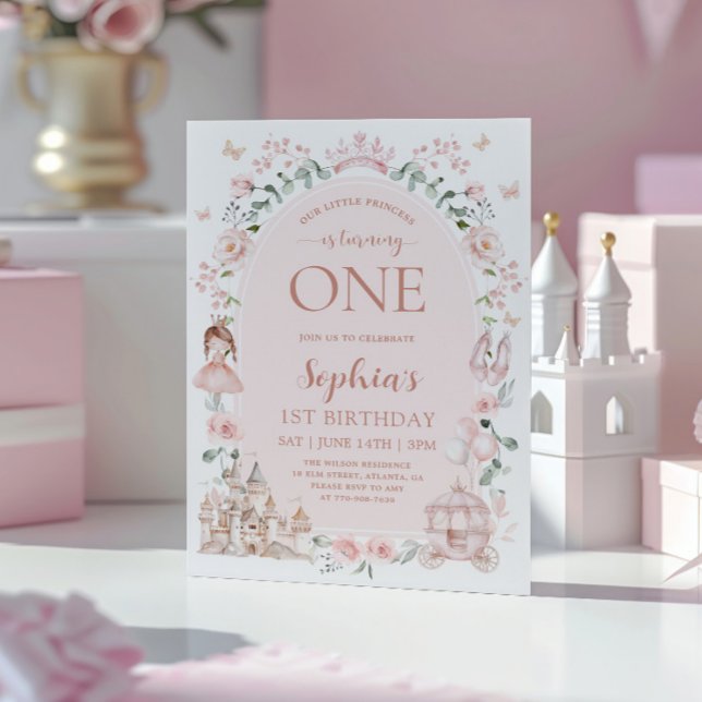 Convite de 1º Aniversário Menina Princesa Rosa Blu (Criador carregado)