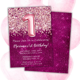 Convite de 1º Aniversário Menina Rosa Magenta Bril