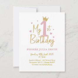 Convite de 1º aniversário Meninas Bebês Rosa 