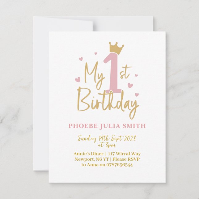 Convite de 1º aniversário Meninas Bebês Rosa  (Frente)