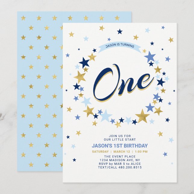 Convite de 1º Aniversário Menino Estrela Dourada (Frente/Verso)