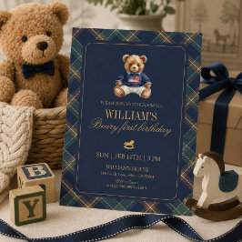 Convite de 1º Aniversário Menino Urso Xadrez Azul 