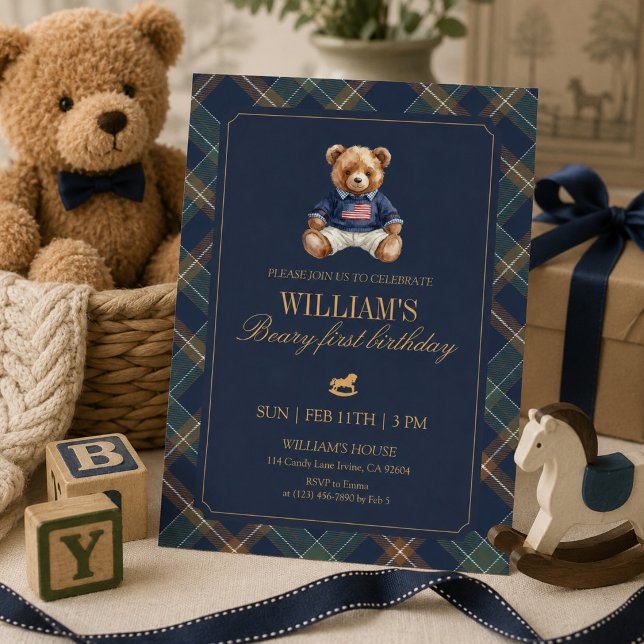 Convite de 1º Aniversário Menino Urso Xadrez Azul  (Criador carregado)