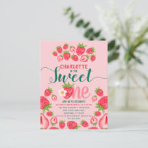 Convite de 1º Aniversário Morango Rosa Doce Um