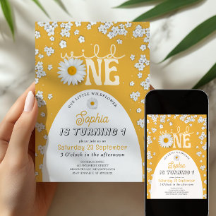 Convite de 1º Aniversário Mostarda Wild One Daisy