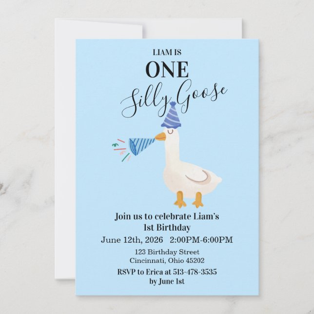 Convite de 1º Aniversário One Silly Goose Azul (Frente)