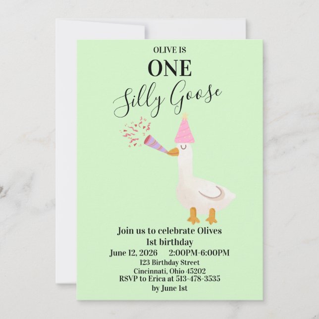 Convite de 1º Aniversário One Silly Goose Verde (Frente)