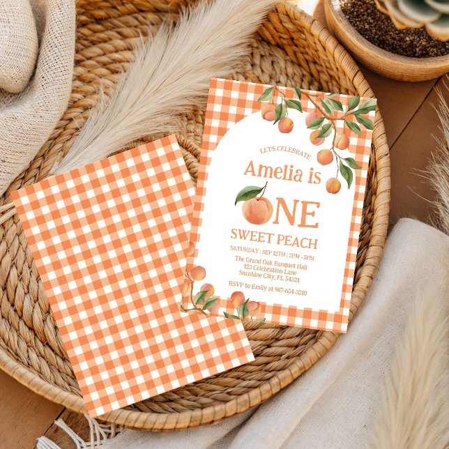 Convite de 1º aniversário One Sweet Gingham Peach (Criador carregado)