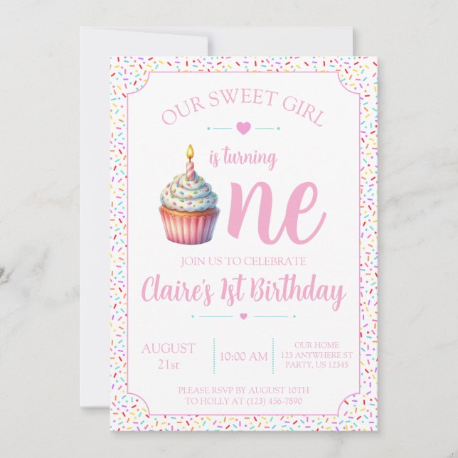 Convite de 1º Aniversário para a Doce Menina (Frente)