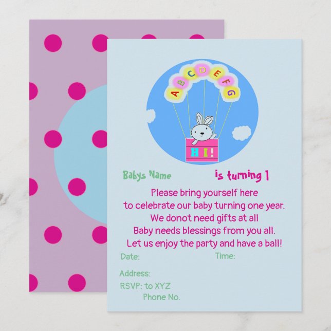 Convite de 1º aniversário personalizado para bebê (Frente/Verso)