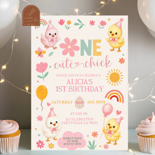 Convite de 1º Aniversário Pink One Cute Chick