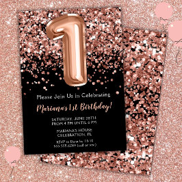 Convite de 1º Aniversário Preto Rosa Dourado Brilh