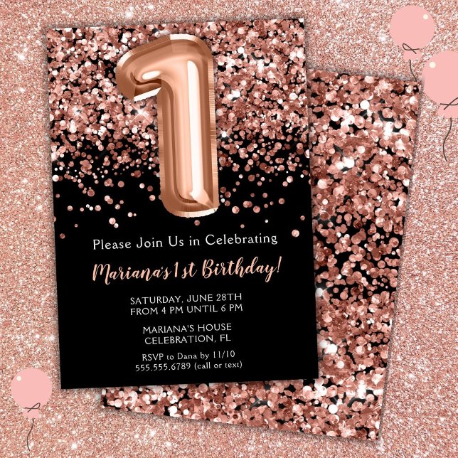 Convite de 1º Aniversário Preto Rosa Dourado Brilh (Criador carregado)