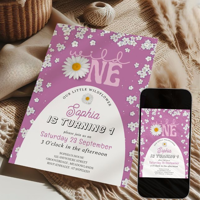 Convite de 1º Aniversário Purple Wild One Daisy (Criador carregado)