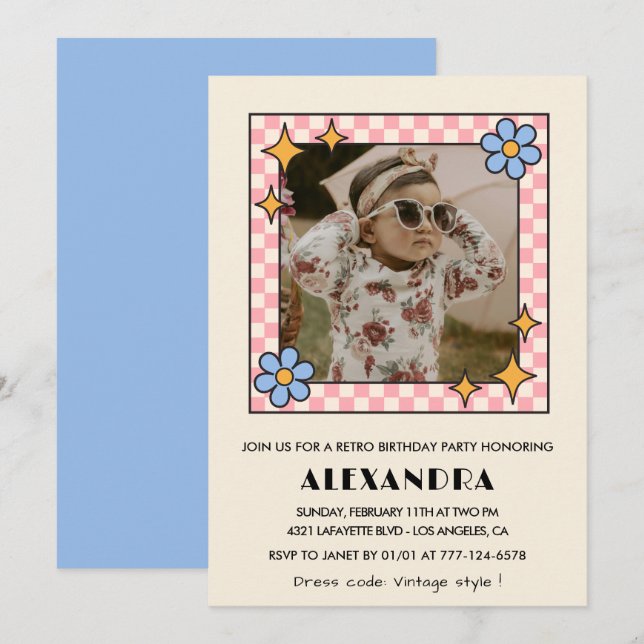 convite de 1º aniversário Retro Groovy Floral Azul (Frente/Verso)