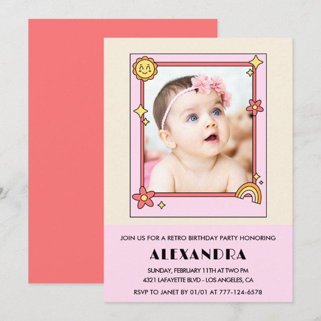 convite de 1º aniversário Retro Groovy Floral Rosa (Frente/Verso)