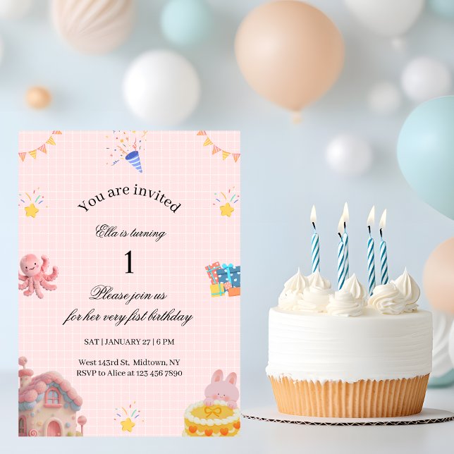 Convite de 1º Aniversário Rosa (Criador carregado)