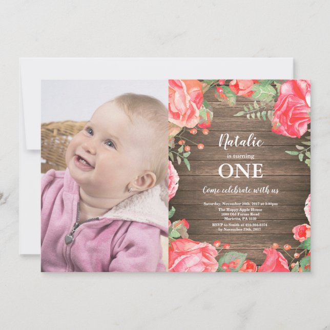 Convite de 1º Aniversário Rustic First com Floral  (Frente)