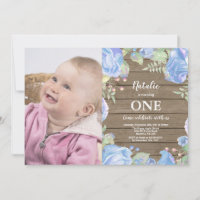 Convite de 1º Aniversário Rustic First Floral Azul