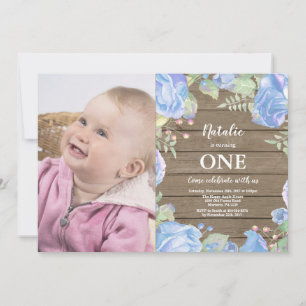 Convite de 1º Aniversário Rustic First Floral Azul
