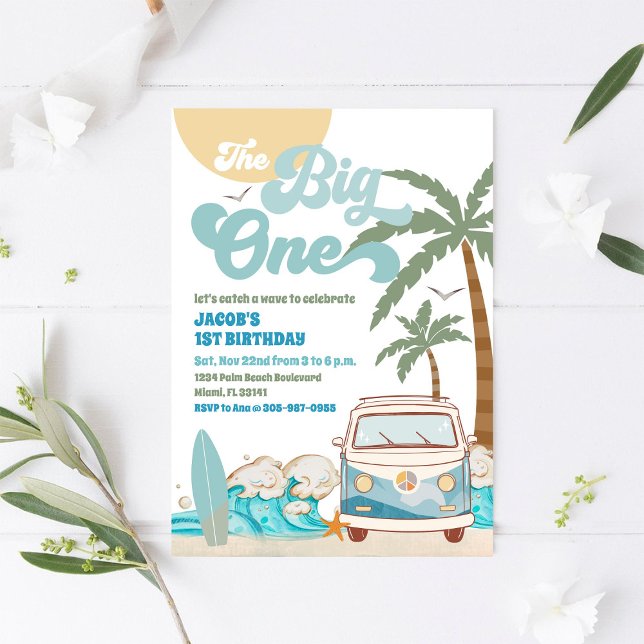 Convite de 1º Aniversário Surfs Up (Criador carregado)