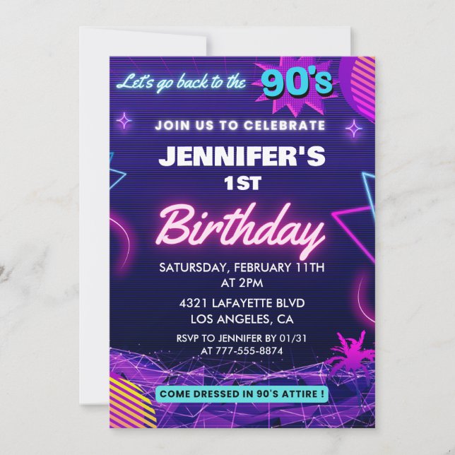 convite de 1º aniversário tema anos 90 Retro (Frente)
