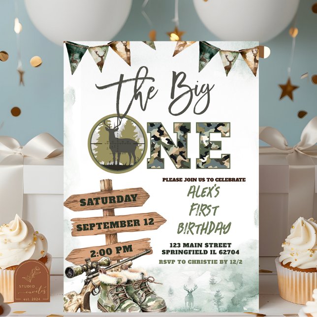 Convite de 1º Aniversário The Big One Hunting Camo (Criador carregado)