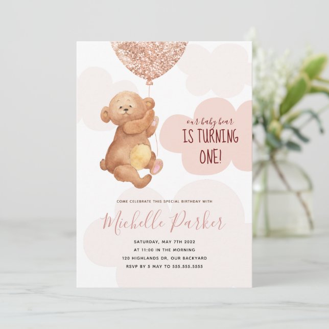 Convite de 1º Aniversário Urso de Pelúcia Rosa Nuv (Em pé/Frente)