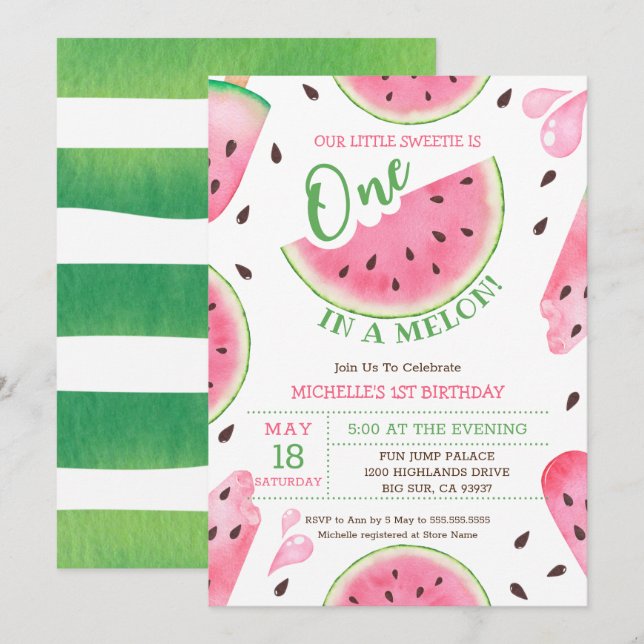Convite de 1º Aniversário Watermelon One In A Melo (Frente/Verso)