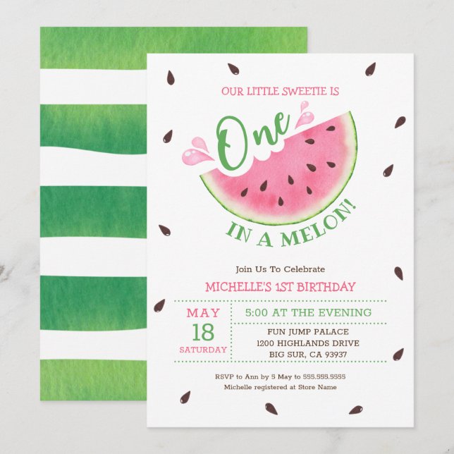 Convite de 1º Aniversário Watermelon One In A Melo (Frente/Verso)
