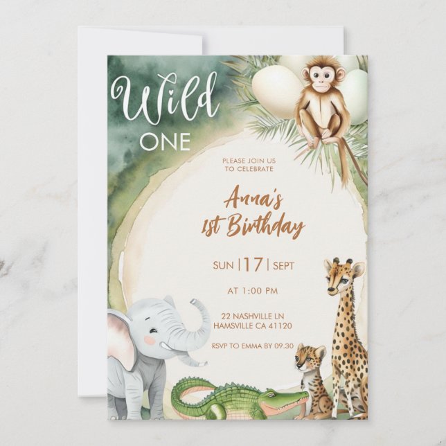 Convite de 1º Aniversário Wild One | Animais do Sa (Frente)