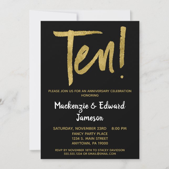 Convite de 10º Aniversário Black Gold Script (Frente)