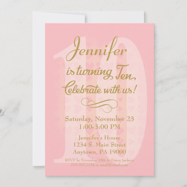 Convite de 10º Aniversário Meninas Corações Rosa D (Frente)