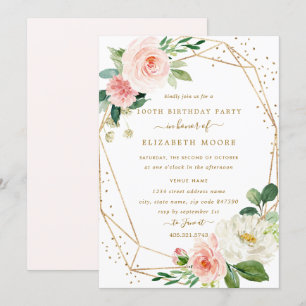 Convite de 100º Aniversário Blush Gold Floral Geom