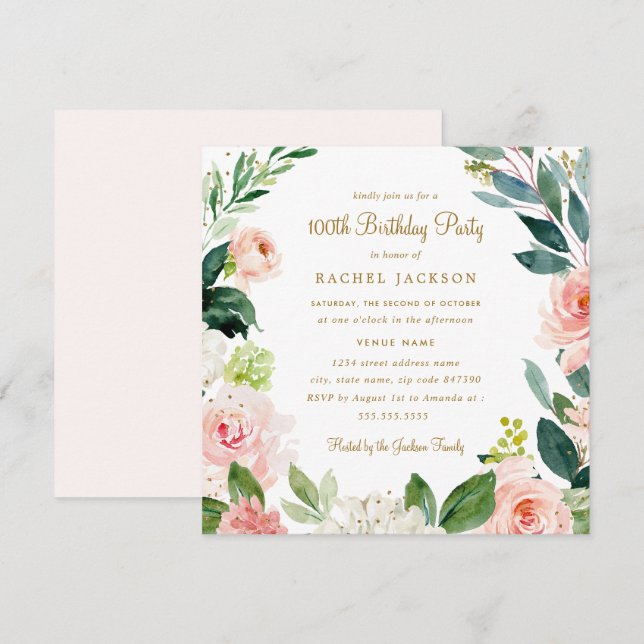 Convite de 100º Aniversário Floral Dourado com Aqu (Frente/Verso)