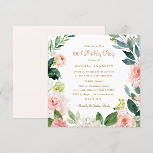 Convite de 100º Aniversário Floral Dourado com Aqu