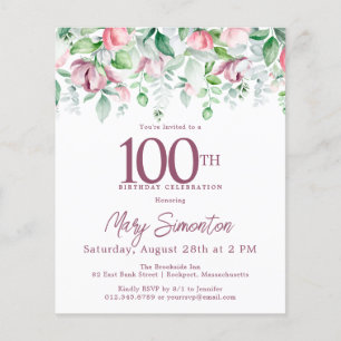 Convite de 100º Aniversário Floral Rosa Orçamento