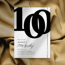 Convite de 100 Anos de Idade Preto e Branco Elegan