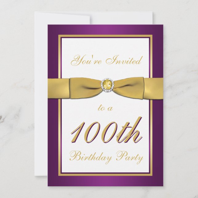 Convite de 100 de aniversário para roxo, Dourado e (Frente)