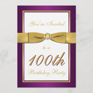 Convite de 100 de aniversário para roxo, Dourado e
