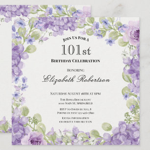 Convite de 101º Aniversário Floral Roxo Elegante
