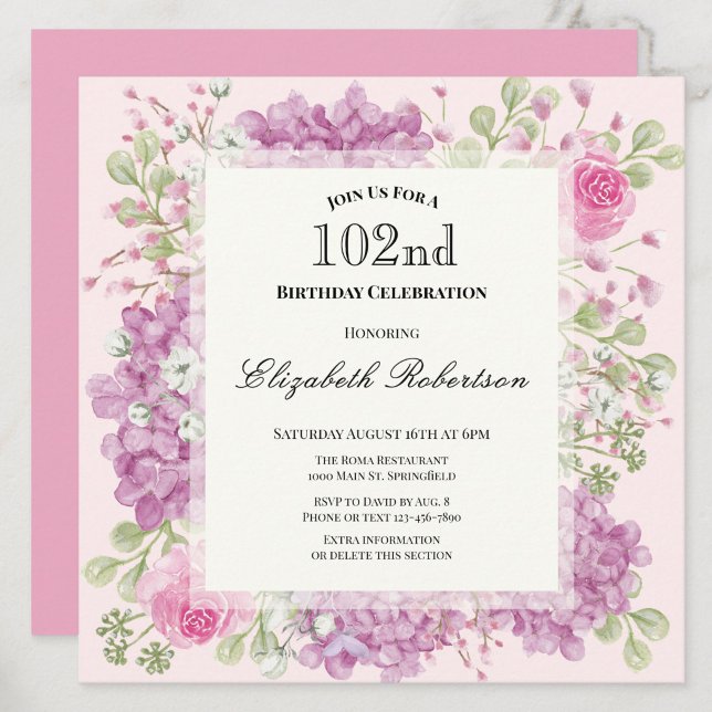 Convite de 102º Aniversário Elegantes Flores Rosa (Criador carregado)