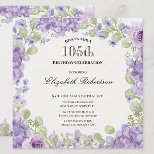 Convite de 105º Aniversário Floral Roxa Elegante