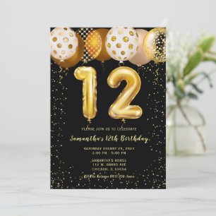 Convite de 12º Aniversário Preto Dourado