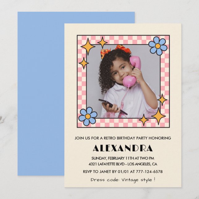 convite de 12º aniversário Retro Groovy Floral Azu (Frente/Verso)