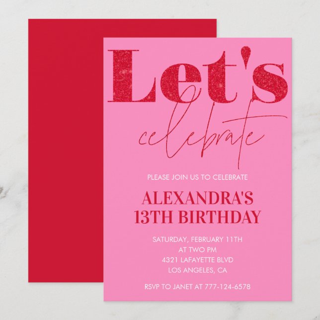 Convite de 13º aniversário elegante Rosa Glitter G (Frente/Verso)