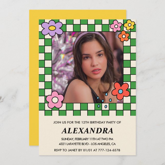 Convite de 13 de aniversário Retro Groovy Flowers (Frente/Verso)