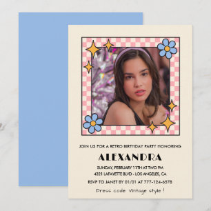 convite de 14º aniversário Retro Groovy Floral Azu